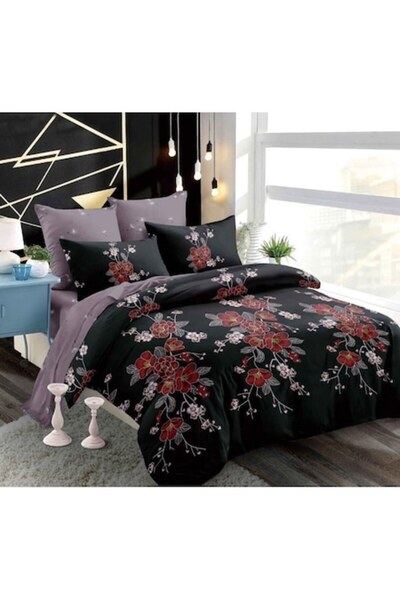 OEM Double Bed Linen, Spring, Finet, Elastic Fitted Sheet, Red Flower Print, 6 pieces, 2 persons, 180x20