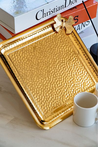 FARİKA Butterfly Detailed 22x22cm Cast Metal Square Presentation Tray