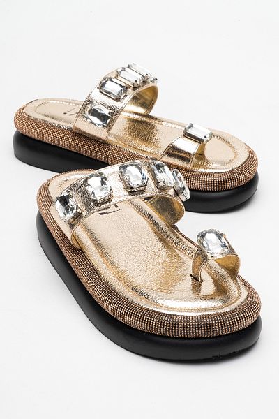 LuviShoes Γυναικείες παντόφλες με χοντρή σόλα EVANS Gold Stone Flip Flop