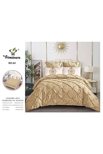 OEM Double bed linen, pleated, Finet, 6 pieces, 2 persons, Plain, 180x200cm, coffee with milk