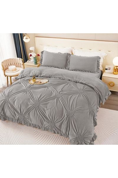 OEM Double Bed Linen, Uni, Embroidered Hearts Pattern, 6 Pieces, Finet, 230x250cm, Gray