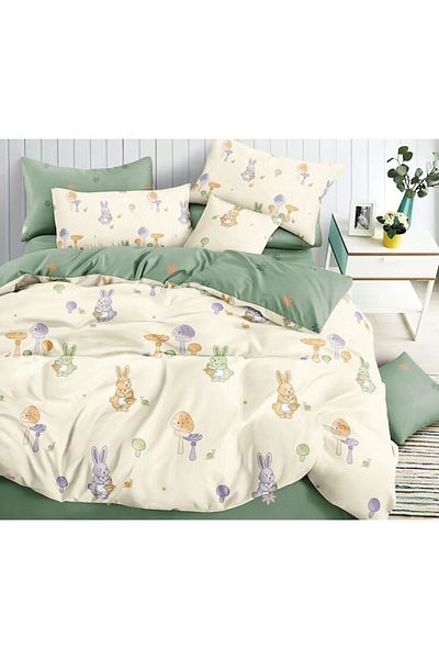 OEM Bed Linen, Reversible, Fitted Sheet, Bunny Print, 1 Person, 4 Pieces, 140x200cm, Multi