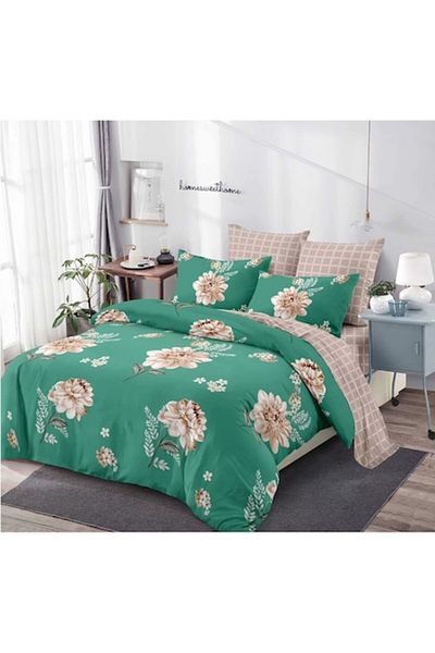 OEM Double bed linen set, elastic, beige floral print, 6 pieces, 2 persons, 180x200cm, Finet Satin green