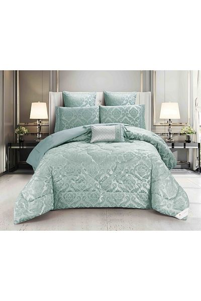 JOJO HOME Lenjerie de pat cu elastic si pilota inclusa, bumbac tip jacquard, pat 2 persoane, 7 piese - Verde