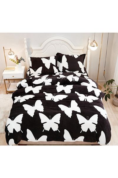 OEM Double Bed Linen, Cocolino, White Butterfly Print, 4 Pieces, 2 Persons, Plush Microfiber, 220x230 cm