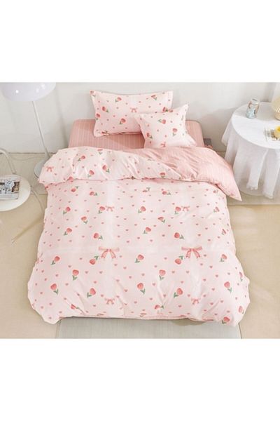OEM Bed Linen Set, Reversible, Elastic Fitted Sheet, Finet, Single, 4 Pieces, 140x200cm, Tulips and Bows