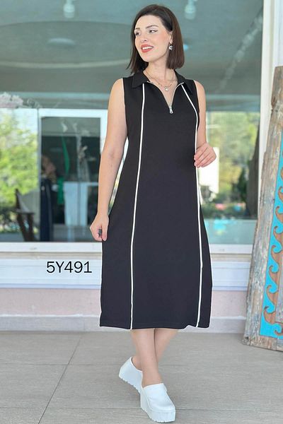 İnce Topuk Polo Neck Piping Modal Fabric Dress 5Y491