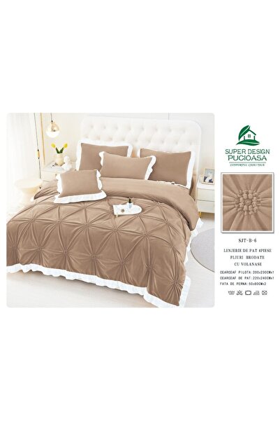 OEM Double Bed Linen Set, Uni, Embroidered Hearts Model, 6 Pieces, Finet, 230x250cm, Dark Brown
