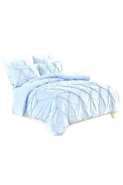 OEM Lenjerie de pat dublă, model Uni, cu pliseuri brodate, 6 piese, Finet, 230x250cm, albastru deschis