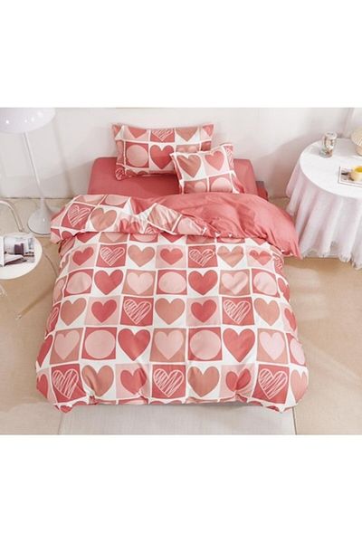 OEM Lenjerie de Pat, Reversibil, Cearsaf cu Elastic, Finet, 1 Persoana, 4 Piese, 140x200cm, Inimi si Cer