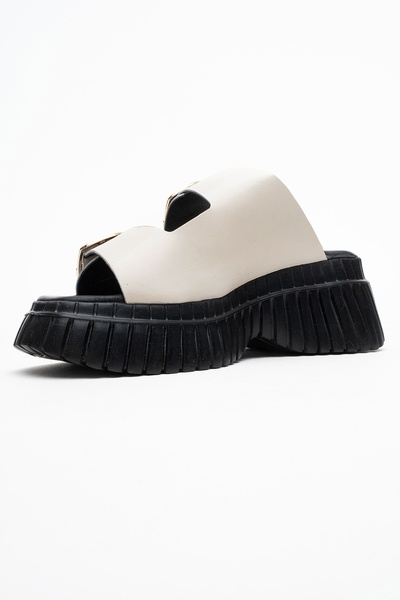 LuviShoes Joanes Ecru Skin Genuine Leather Double Striped Women's Wedge Sole Slippers