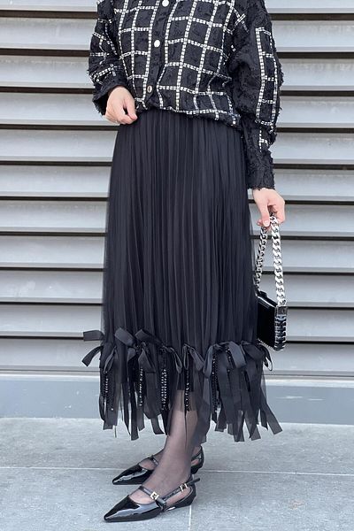 Mahal Tulle Skirt with Bow at the Hem and Chain Pleated