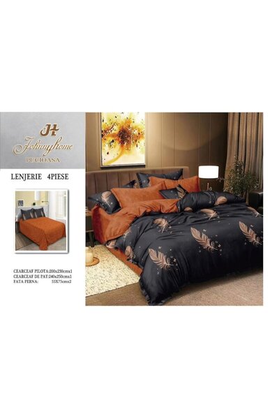 OEM Double bed linen set, satin cotton, 4 pieces, 2 persons, feather, 240x250cm, black-brown