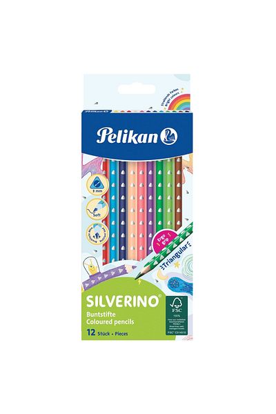 Pelikan Creioane colorate Silverino Lacquered, set de 12, culori asortate, material lemn, secțiune triunghiulară