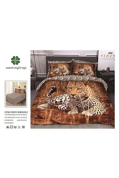 OEM Lenjerie de pat dubla, 6 piese, 2 persoane, 245x250 cm, Imprimeu leopard, multicolor