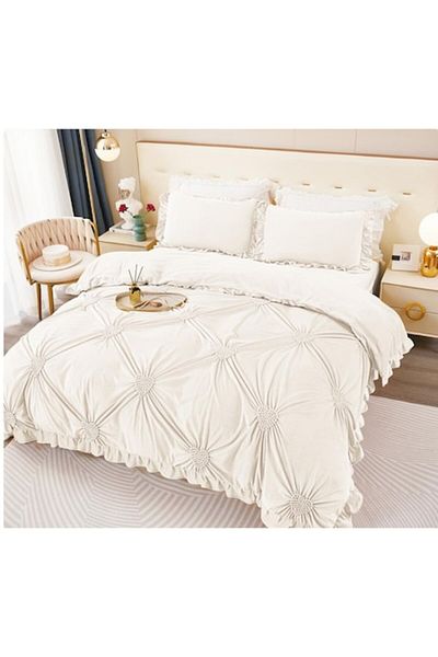OEM Double Bed Linen, Uni, Embroidered Hearts Model, 6 Pieces, Finet, 230x250cm Off-White