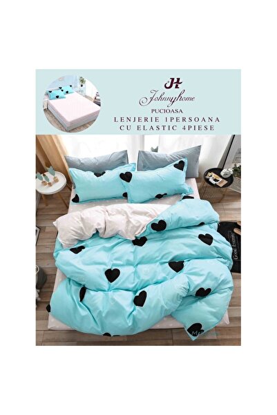 OEM Bed linen set, fitted sheet, fine hearts, single, 4 pieces, 140x200cm, blue-black