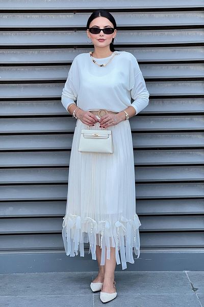 Mahal Tulle Skirt with Bow at the Hem and Chain Pleated