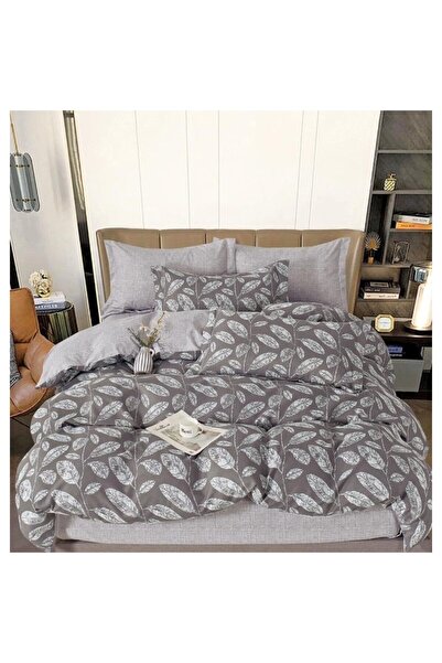 OEM Double Bed Linen, Two Faces, Leaves, 6 Pieces, 2 Persons, 180x200cm, Fine Satin, Brown-Beige