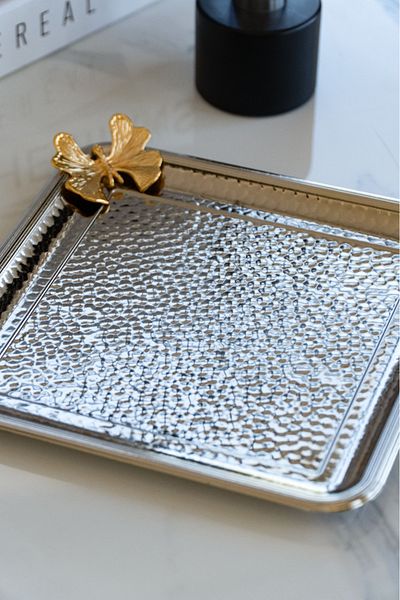 FARİKA Butterfly Detailed 22x22cm Cast Metal Square Presentation Tray