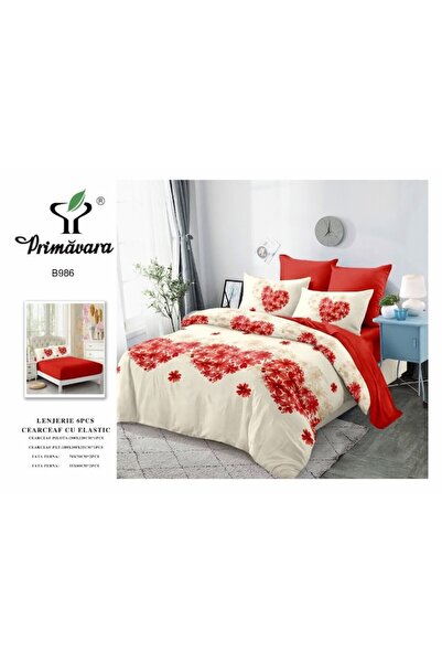 OEM Double bed linen set, Finet, fitted sheet, heart, 6 pieces, 180x200cm, Red-B