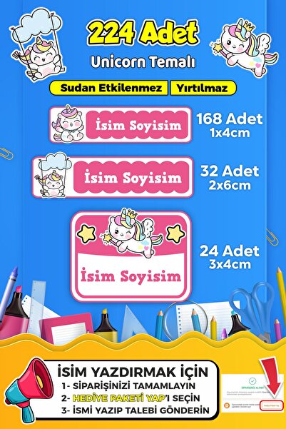 SB store Unicorn Temalı Okul Kreş Kişiye Özel isim Etiket Seti - Model 569