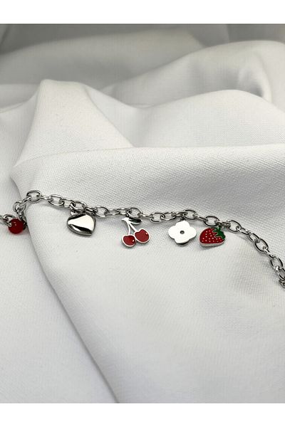 Sumen Butik Silver Color Steel Bracelet with Chain Strawberry, Cherry, Heart