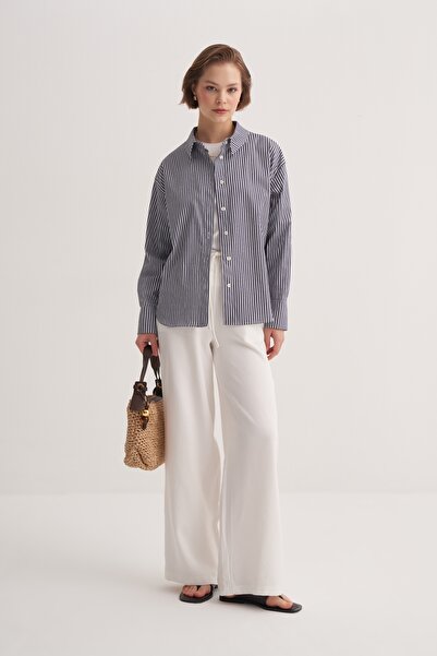 EBU Prive Жіноча сорочка з попліну Basic, смугаста, темно-синя