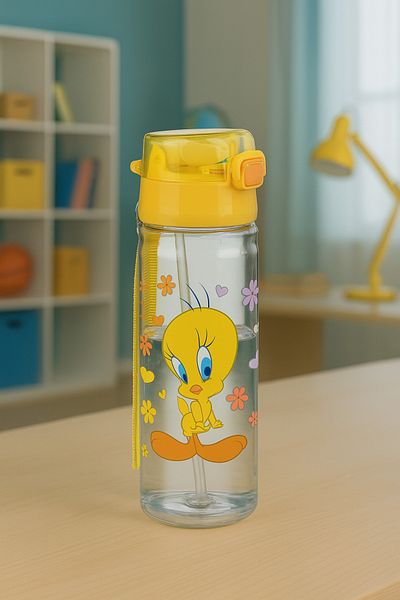 Alper Banyo Tweety Patterned Children's Water Bottle with Straw - 500 ml Leakproof Lockable Lid Water Bottle (705-52)