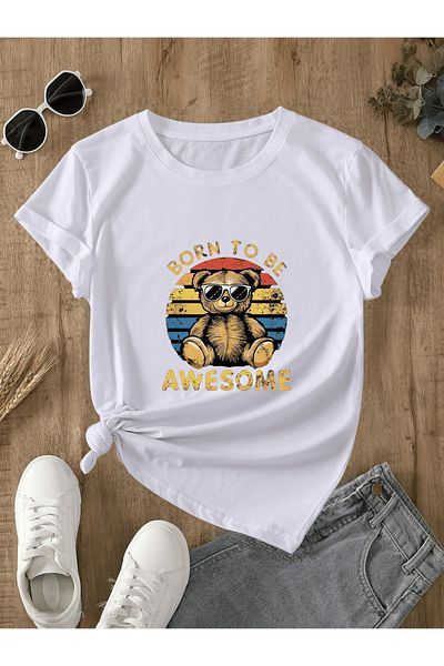 Pink Sky Tricou casual unisex din bumbac oversize „Born To Be Ousome” imprimat cu decolteu