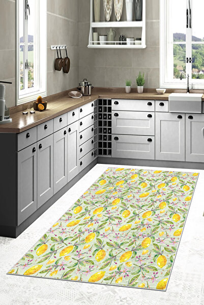 VELLORA HOME Kaymaz Tabanlı Yıkanabilir Dijital Baskılı Yolluk Halı Limon des...