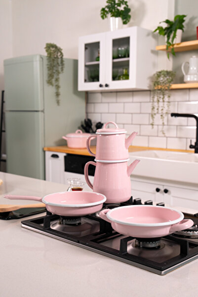 EBUTAY Rosa di Verona Emaye Pembe Çaydanlık - 2’li Kulplu ve Saplı Sahan Seti