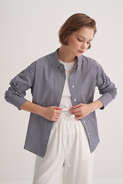 EBU Prive Жіноча сорочка з попліну Basic, смугаста, темно-синя