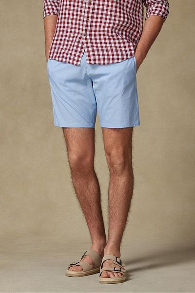 Abbate Sky Poplin Stretch Cotton Blend Comfort Fit Light Blue Men's Checkered Shorts