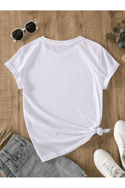 Pink Sky Tricou casual unisex din bumbac alb oversize „I Love U” imprimat cu decolteu