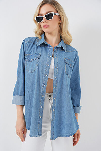 Bigdart Kadın Uzun Kot Gömlek 20318 - Mavi