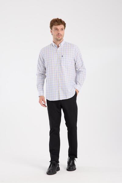 Abbate AClub Aclub Ac10077 Oxford Cotton Blend Regular Fit Yellow Button Collar Men's Checkered Shirt