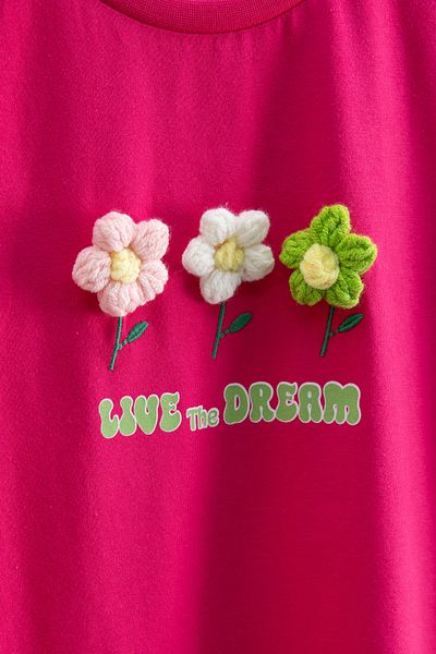 Cansın Mini Tricou pentru fete cu decolteu brodat cu margarete fucsia 20983