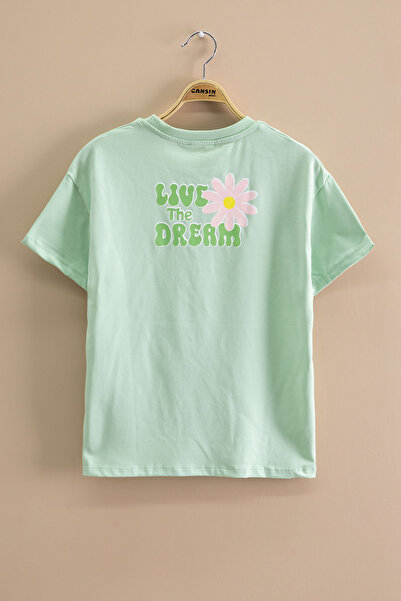 Cansın Mini Πράσινο μπλουζάκι για κορίτσι με κέντημα Daisy Crew Neck 20986