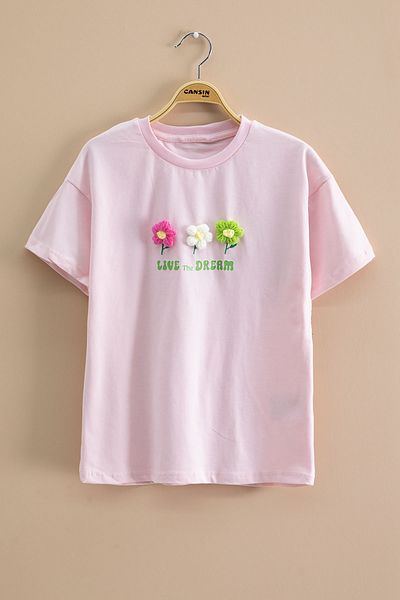 Cansın Mini Pink Daisy Κεντημένο μπλουζάκι για κορίτσια με λαιμόκοψη 20985