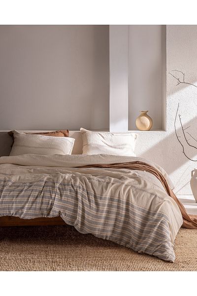 Madame Coco Breville Single Muslin Yarn Dyed Elastic Duvet Cover Set - Ecru/Beige