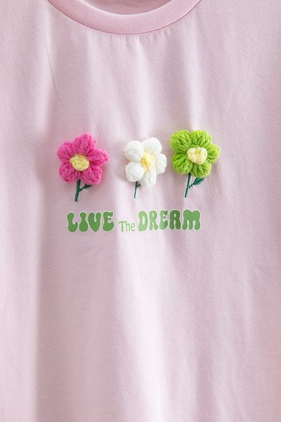 Cansın Mini Pink Daisy Κεντημένο μπλουζάκι για κορίτσια με λαιμόκοψη 20985