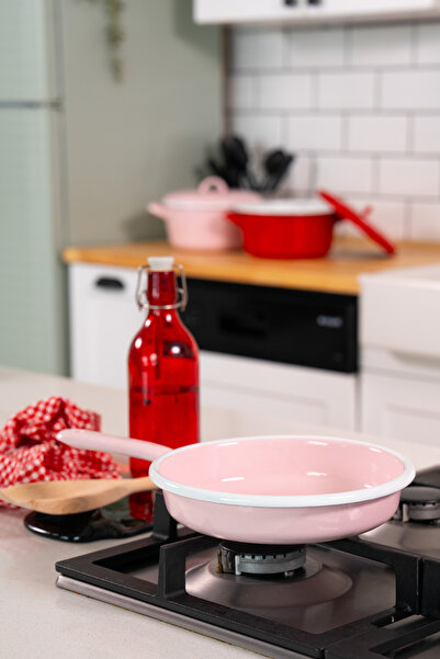 EBUTAY Rosa di Verona Emaye Pembe Çaydanlık - 2’li Kulplu ve Saplı Sahan Seti