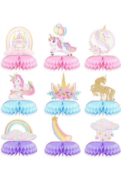 Tulebolian Set of 9 party decorations, Unicorn honeycomb pattern, paper, multicolor