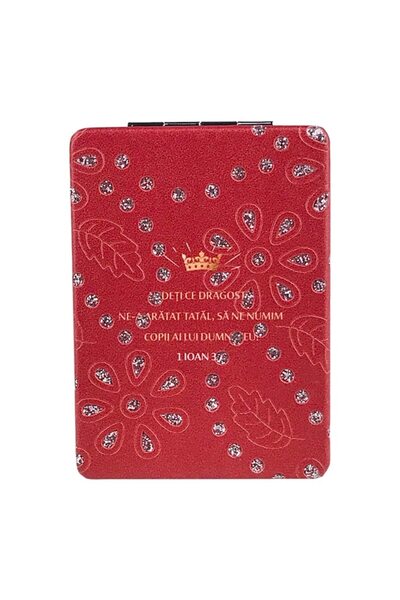 OEM Pocket Mirror Covered with Textile Material, Heart Design and Biblical Text, 6x9 cm, Multicolor