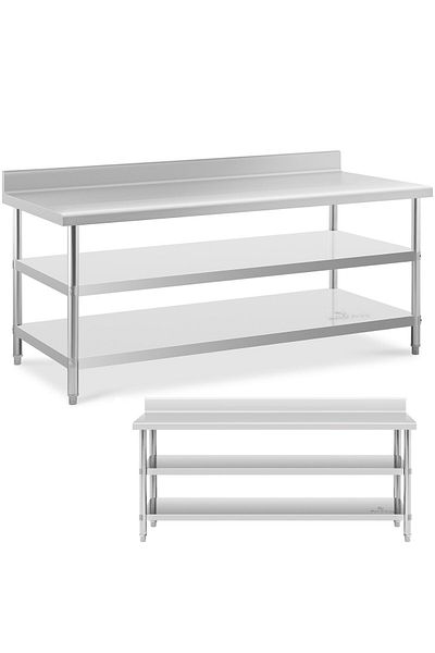 Royal Catering Stół blat roboczy stalowy nierdzewny przyścienny z rantem 2 półki 200x90cm