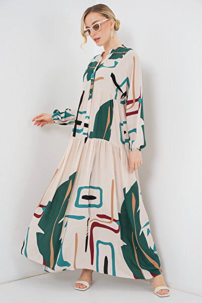 Bigdart Women's Patterned Long Hijab Dress 2585 - Black - Cream