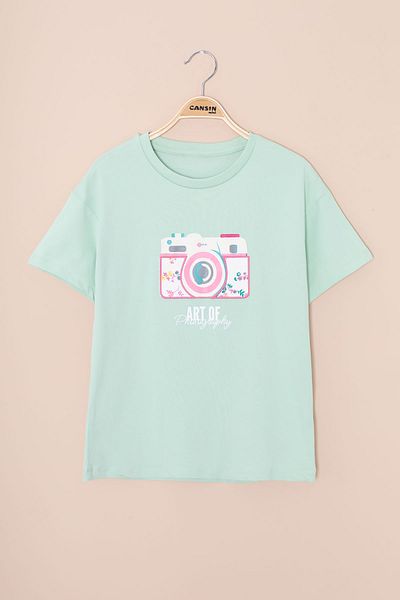 Cansın Mini Tricou pentru fete cu decolteu cu imprimeu foto cu spatele verde scris 20978