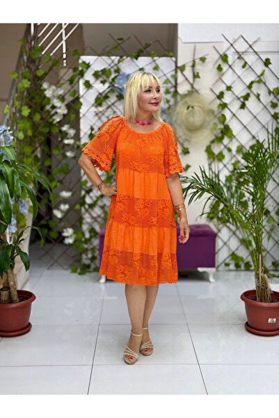 Punta Otantik Nc10453 Italian Half Sleeve Shoulder Window Lace Coton Dress Orange