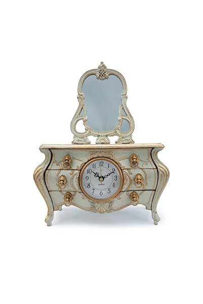 OEM Ceas din plastic, cu aspect patinat, de masa, cu oglinda si cutie cu sase sertare, alb, 23x33cm